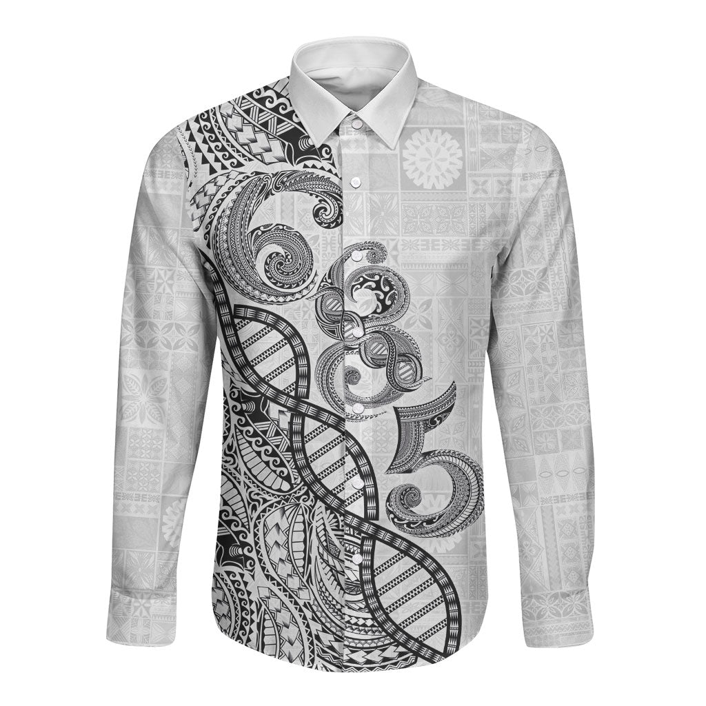 Samoan Traditional Tattoo 685 Long Sleeve Button Shirt Tribal Tatau DNA White Color LT03 Unisex White - Polynesian Pride