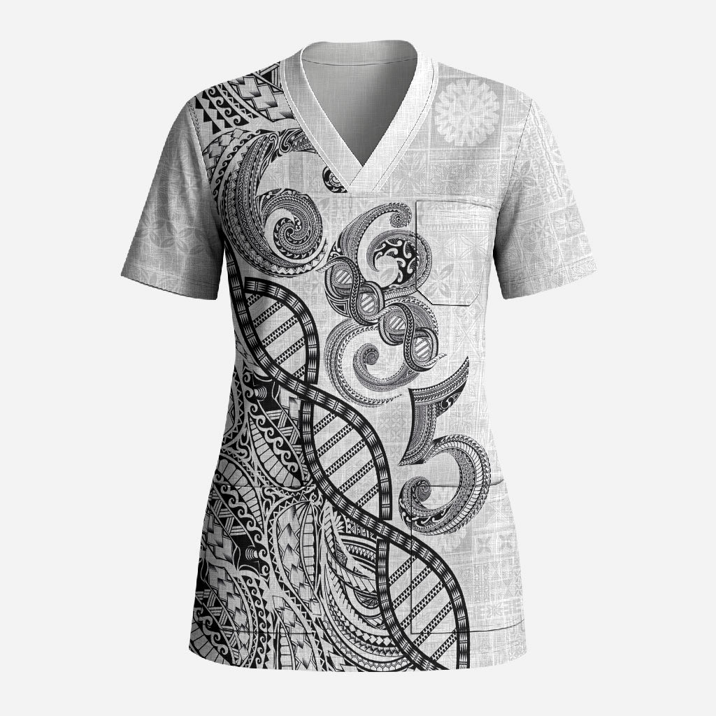 Samoan Traditional Tattoo 685 Scrub Top Tribal Tatau DNA White Color LT03 Adult White - Polynesian Pride