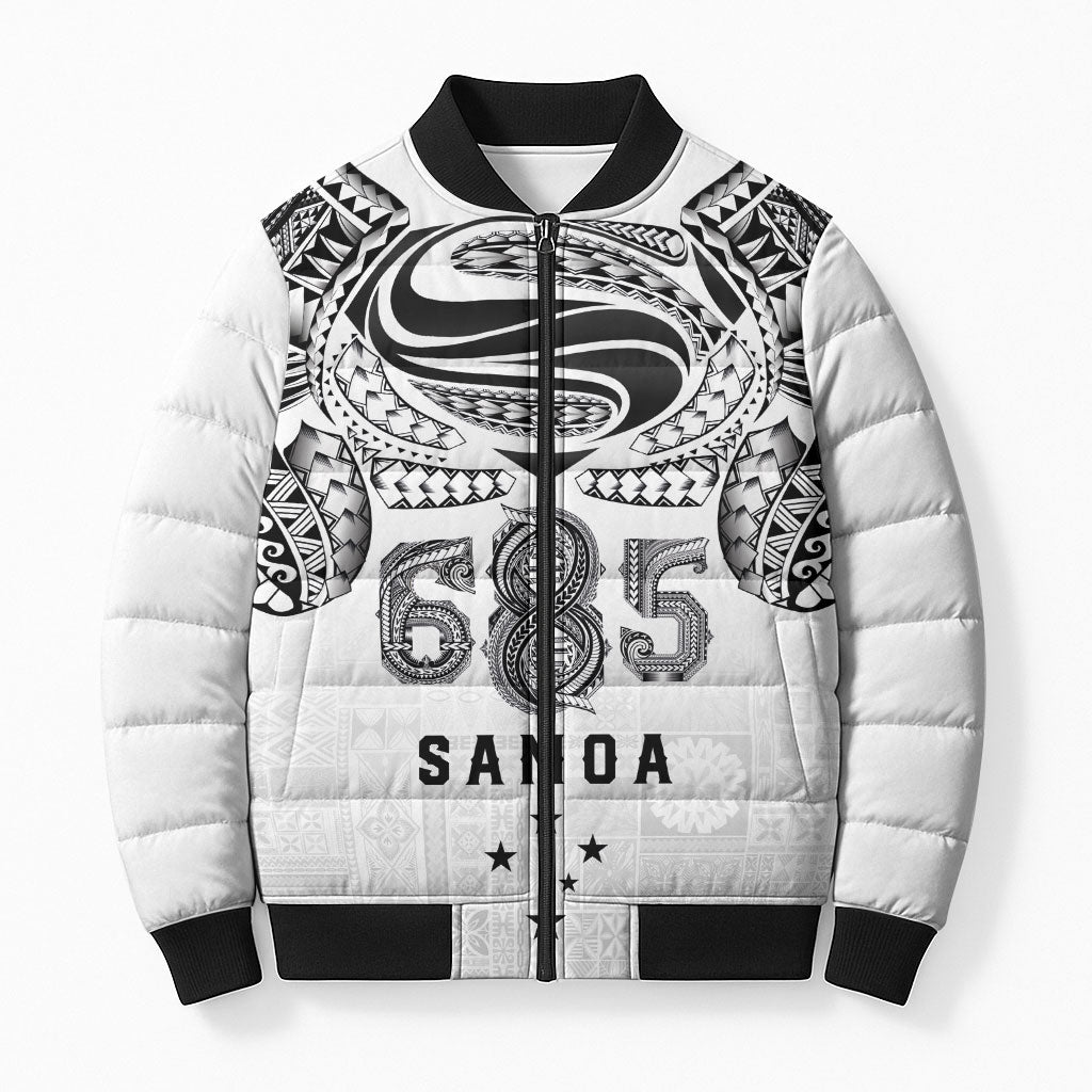 Super Samoa 685 Tribal Tattoo Bomber Puffer Jacket Siapo Pattern White Edition LT03 Unisex White - Polynesian Pride