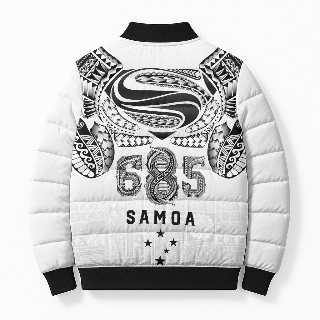 Super Samoa 685 Tribal Tattoo Bomber Puffer Jacket Siapo Pattern White Edition LT03 - Polynesian Pride