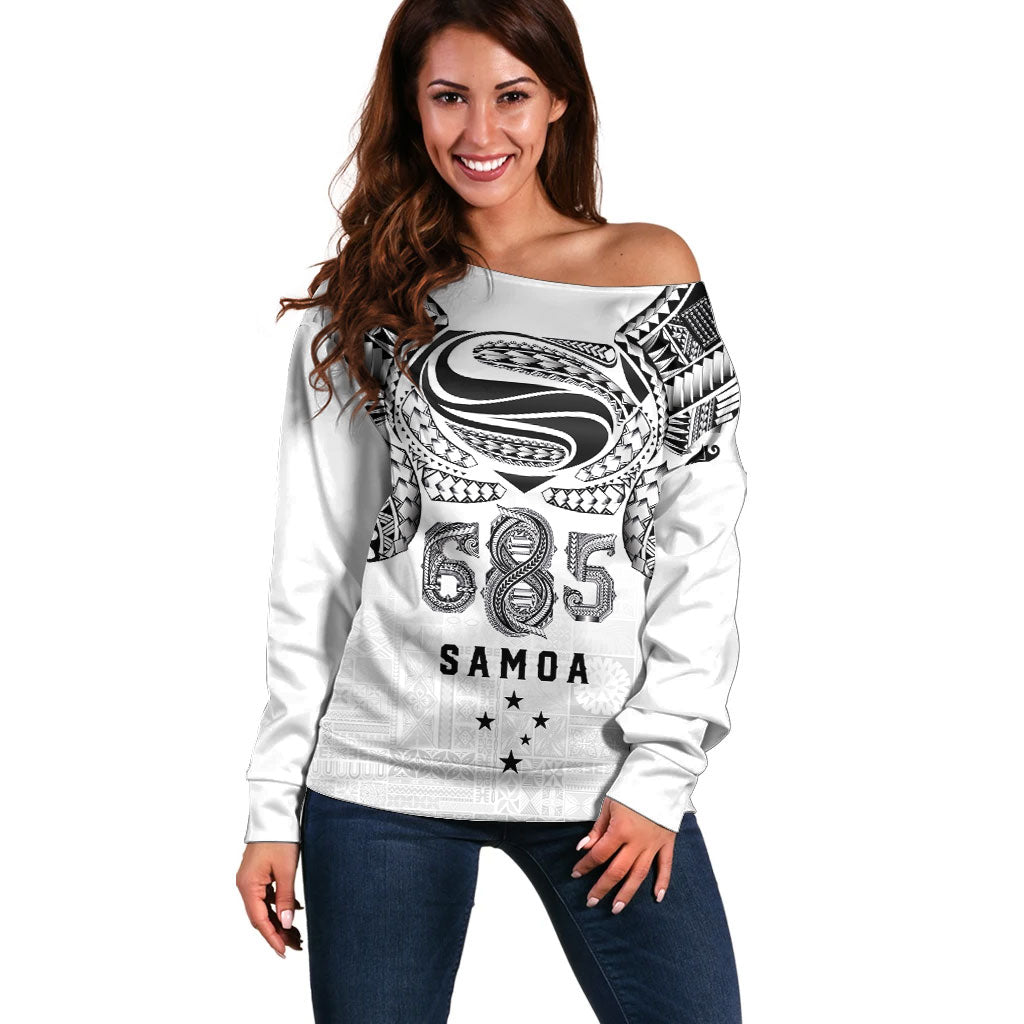 Super Samoa 685 Tribal Tattoo Off Shoulder Sweater Siapo Pattern White Edition