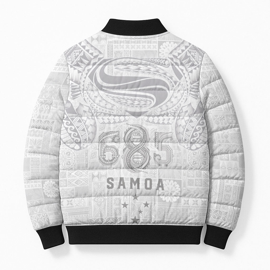 Super Samoa 685 Tribal Tattoo Bomber Puffer Jacket Siapo Pattern All-White Edition LT03 - Polynesian Pride