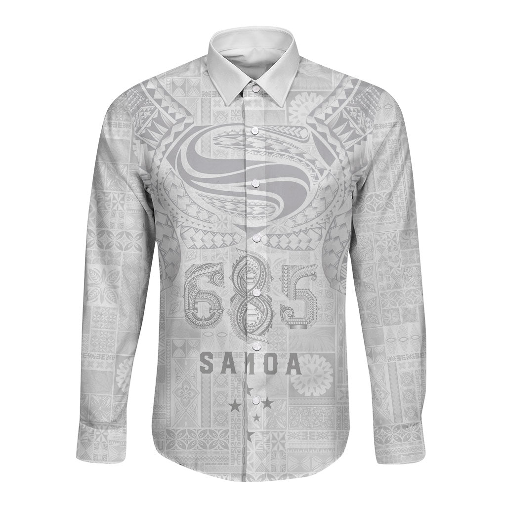 Super Samoa 685 Tribal Tattoo Long Sleeve Button Shirt Siapo Pattern All-White Edition LT03 Unisex White - Polynesian Pride