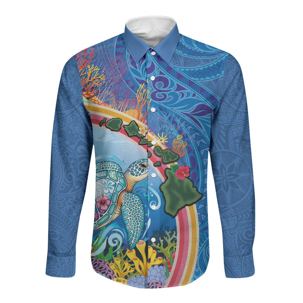 Hawaiian Connecting with the Ocean Long Sleeve Button Shirt Polynesian Pattern LT03 Unisex Blue - Polynesian Pride