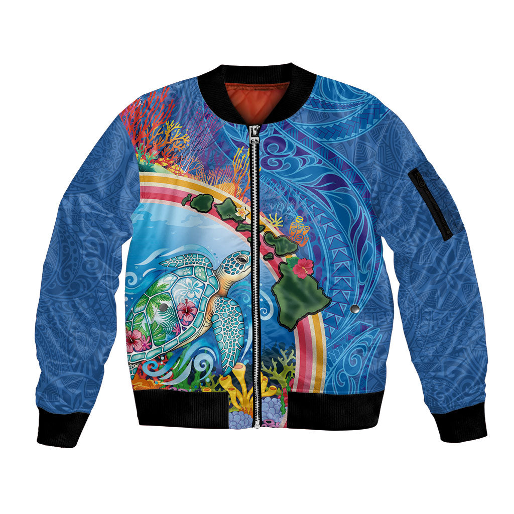 Hawaiian Connecting with the Ocean Sleeve Zip Bomber Jacket Polynesian Pattern LT03 Unisex Blue - Polynesian Pride