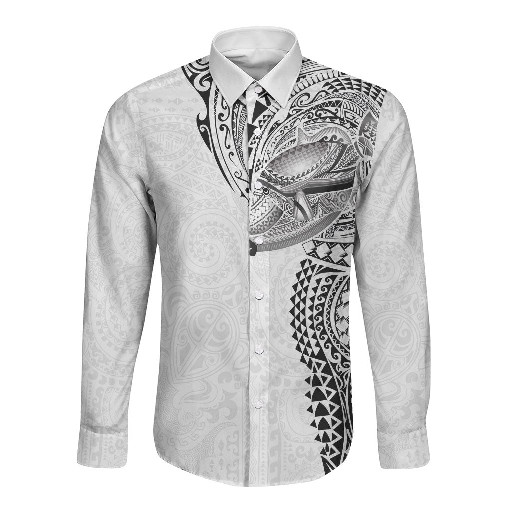 Hawaiian Humuhumu Tribal Tattoo Long Sleeve Button Shirt Polynesian Kakau White Color LT03 Unisex White - Polynesian Pride