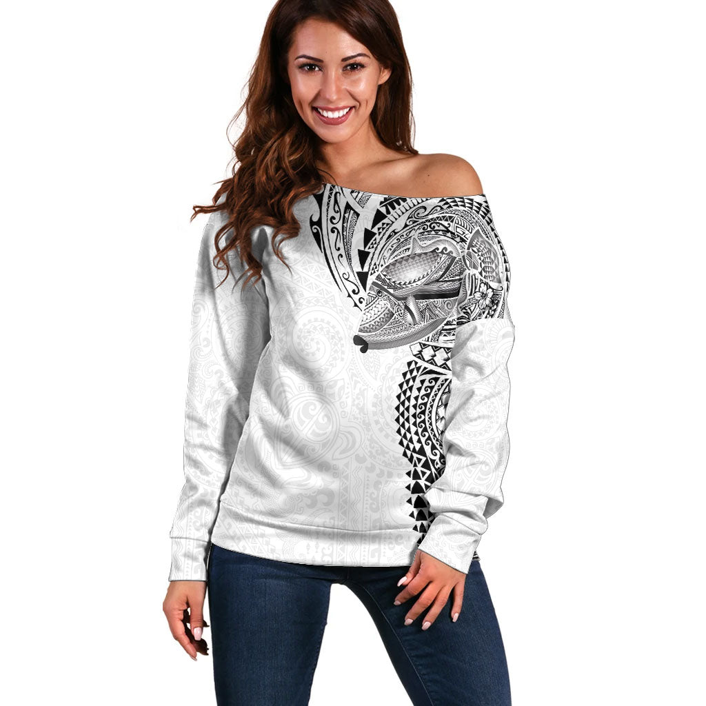 Hawaiian Humuhumu Tribal Tattoo Off Shoulder Sweater Polynesian Kakau White Color