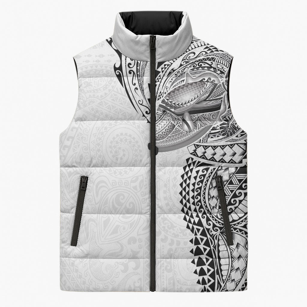 Hawaiian Humuhumu Tribal Tattoo Sleeveless Puffer Jacket Polynesian Kakau White Color LT03 Unisex White - Polynesian Pride