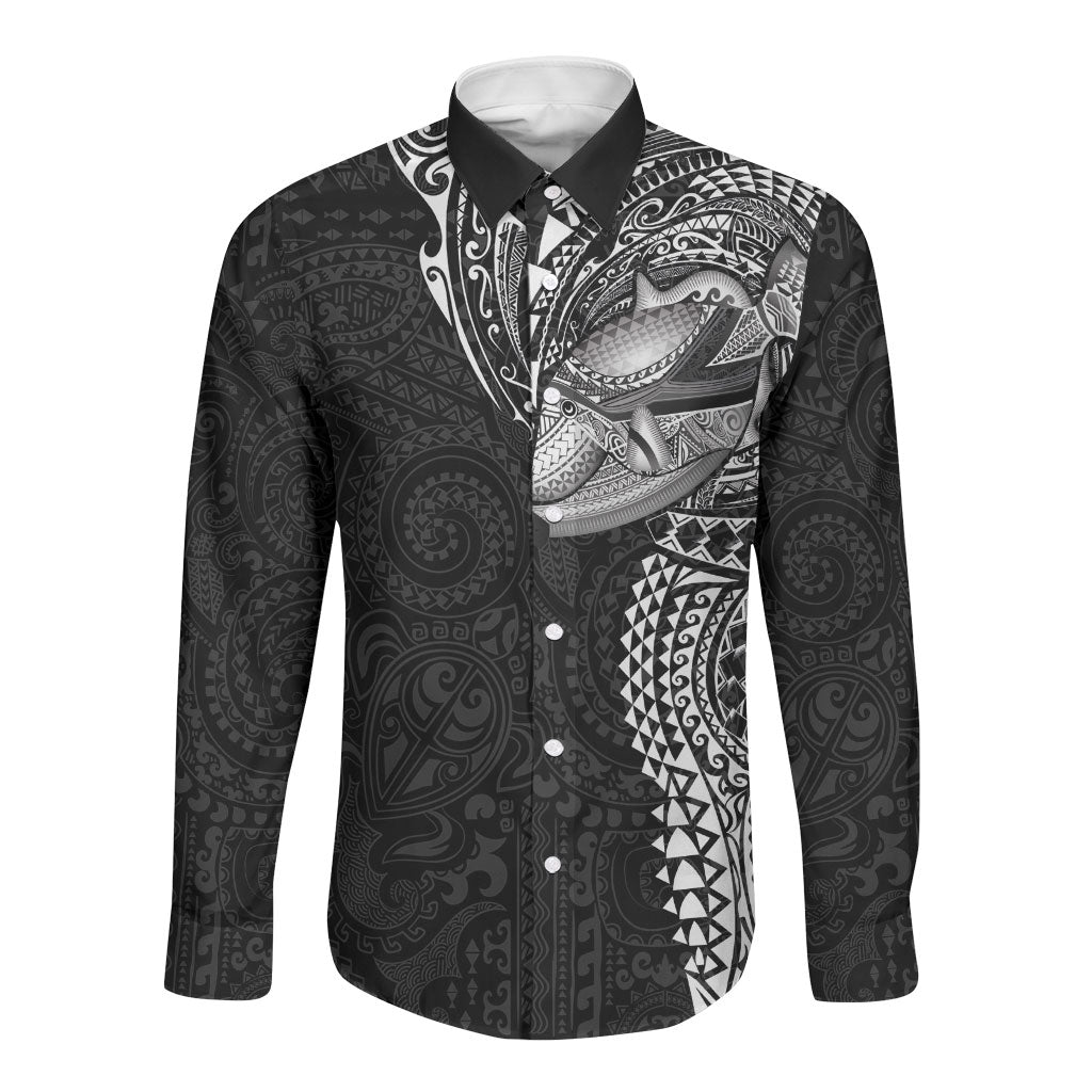 Hawaiian Humuhumu Tribal Tattoo Long Sleeve Button Shirt Polynesian Kakau Black Color LT03 Unisex Black - Polynesian Pride