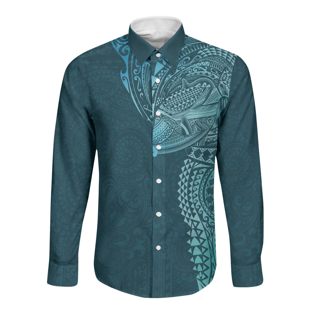 Hawaiian Humuhumu Tribal Tattoo Long Sleeve Button Shirt Polynesian Kakau Ocean Color LT03 Unisex Blue - Polynesian Pride