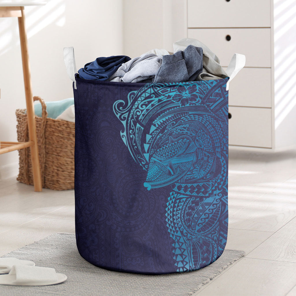 Hawaiian Humuhumu Tribal Tattoo Laundry Basket Polynesian Kakau Turquoise Color