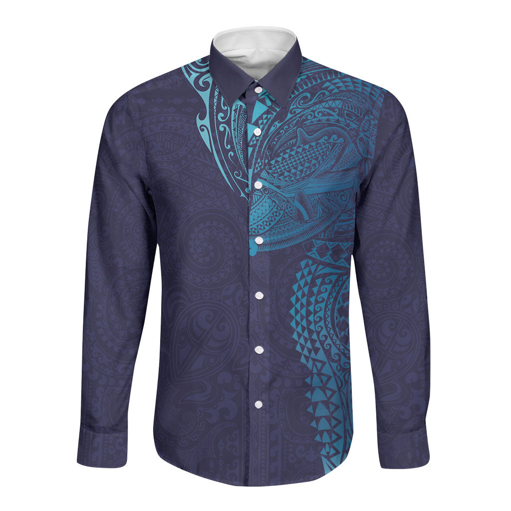 Hawaiian Humuhumu Tribal Tattoo Long Sleeve Button Shirt Polynesian Kakau Turquoise Color LT03 Unisex Turquoise - Polynesian Pride