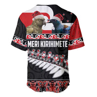 New Zealand Meri Kirihimete Baseball Jersey Christmas Tui Bird and Kea Bird - Haka Santa with Maori Koru Art Pattern