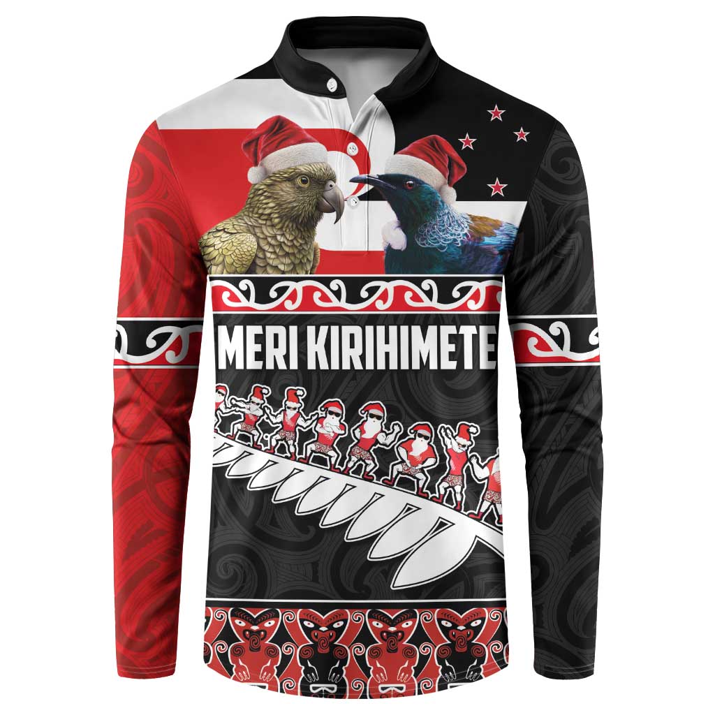New Zealand Meri Kirihimete Button Sweatshirt Christmas Tui Bird and Kea Bird - Haka Santa with Maori Koru Art Pattern LT03 Black - Polynesian Pride