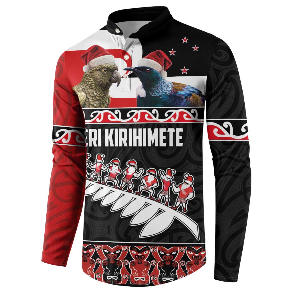 New Zealand Meri Kirihimete Button Sweatshirt Christmas Tui Bird and Kea Bird - Haka Santa with Maori Koru Art Pattern LT03 - Polynesian Pride