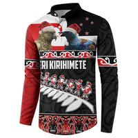 New Zealand Meri Kirihimete Button Sweatshirt Christmas Tui Bird and Kea Bird - Haka Santa with Maori Koru Art Pattern LT03 - Polynesian Pride