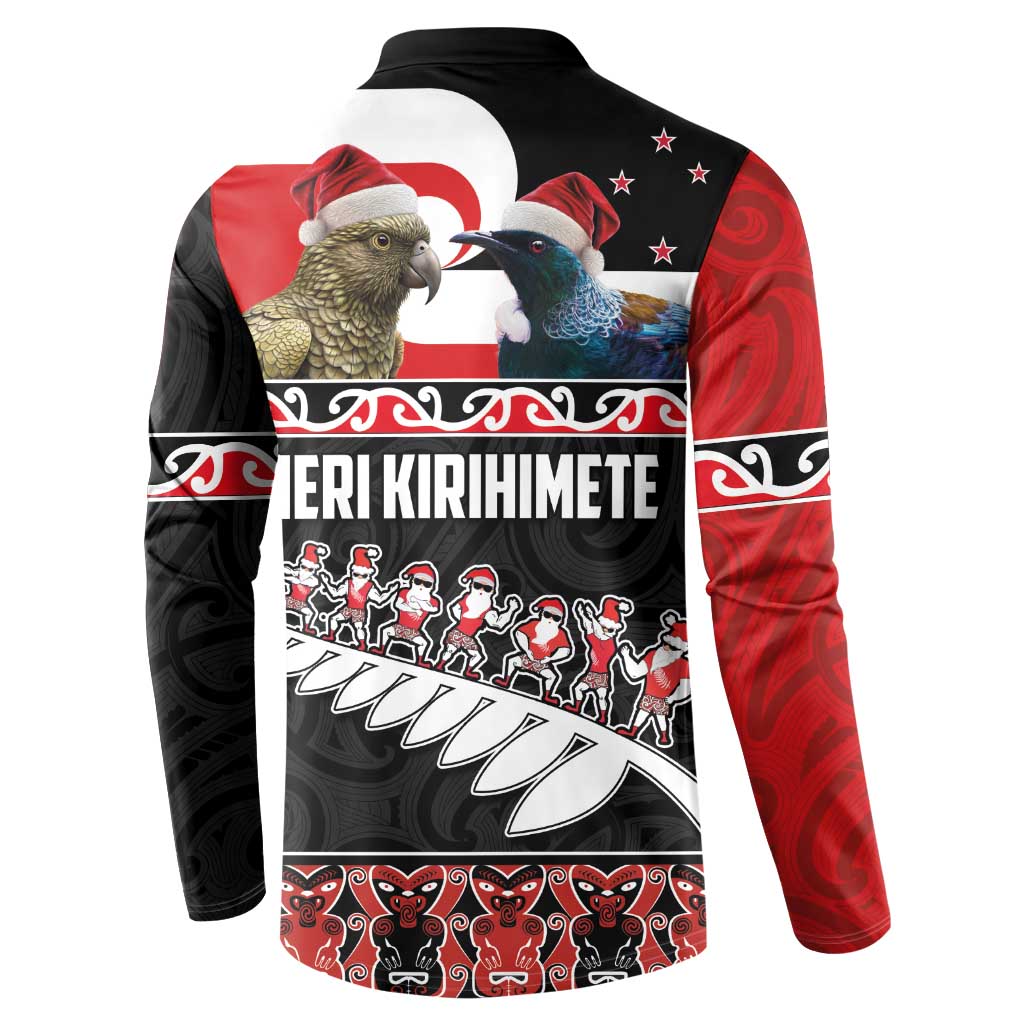 New Zealand Meri Kirihimete Button Sweatshirt Christmas Tui Bird and Kea Bird - Haka Santa with Maori Koru Art Pattern LT03 - Polynesian Pride