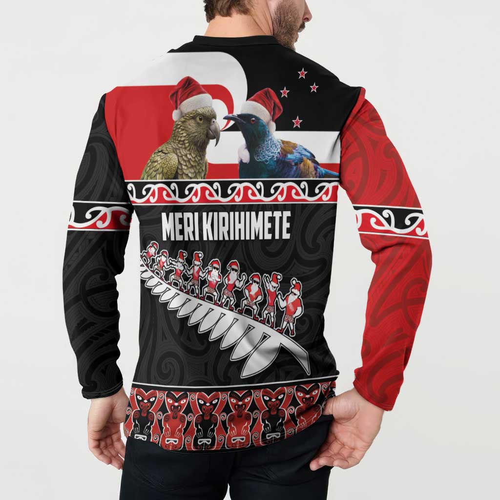 New Zealand Meri Kirihimete Button Sweatshirt Christmas Tui Bird and Kea Bird - Haka Santa with Maori Koru Art Pattern LT03 - Polynesian Pride