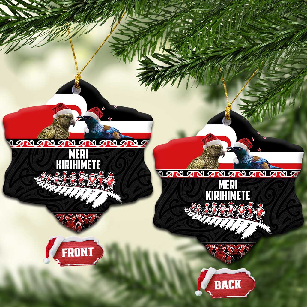 New Zealand Meri Kirihimete Ceramic Ornament Christmas Tui Bird and Kea Bird - Haka Santa with Maori Koru Art Pattern