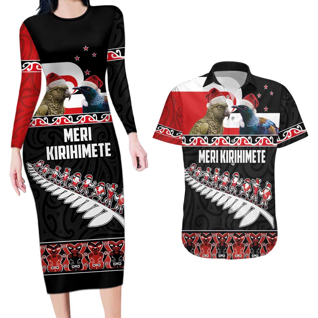 New Zealand Meri Kirihimete Couples Matching Long Sleeve Bodycon Dress and Hawaiian Shirt Christmas Tui Bird and Kea Bird - Haka Santa with Maori Koru Art Pattern LT03 Black - Polynesian Pride