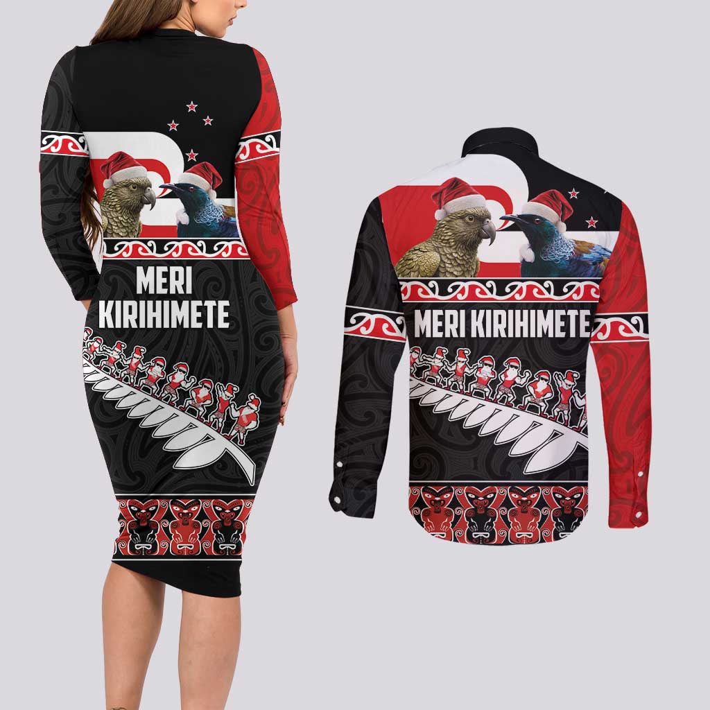 New Zealand Meri Kirihimete Couples Matching Long Sleeve Bodycon Dress and Long Sleeve Button Shirt Christmas Tui Bird and Kea Bird - Haka Santa with Maori Koru Art Pattern
