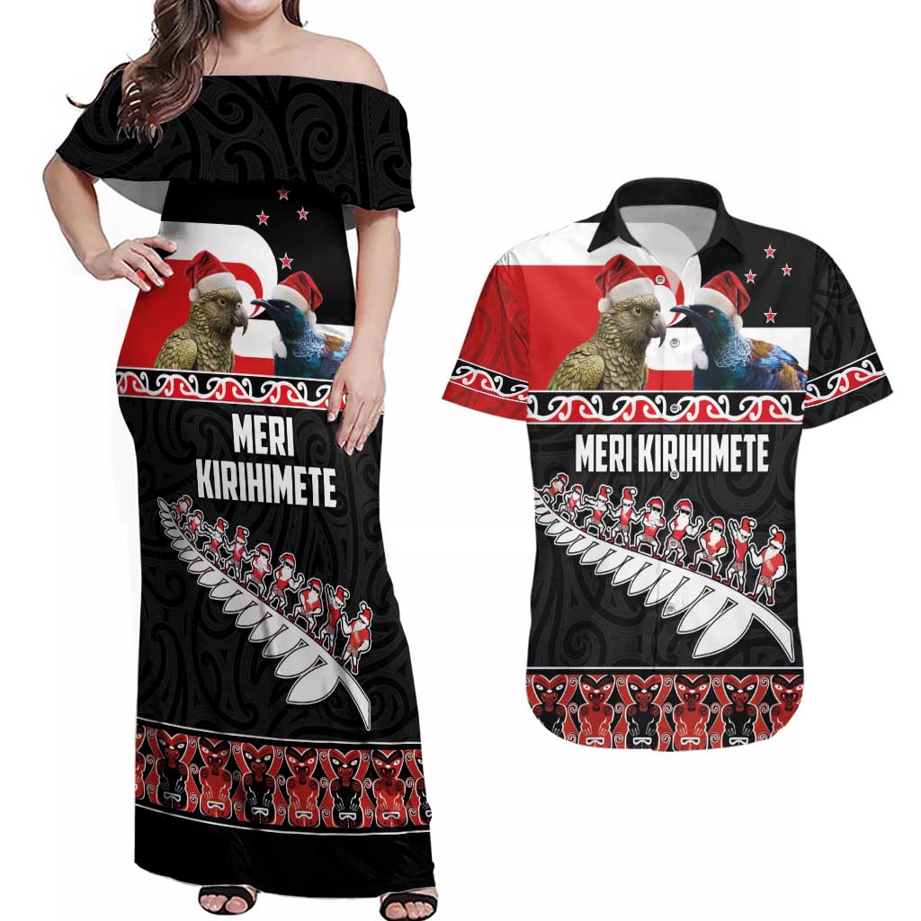 New Zealand Meri Kirihimete Couples Matching Off Shoulder Maxi Dress and Hawaiian Shirt Christmas Tui Bird and Kea Bird - Haka Santa with Maori Koru Art Pattern LT03 Black - Polynesian Pride