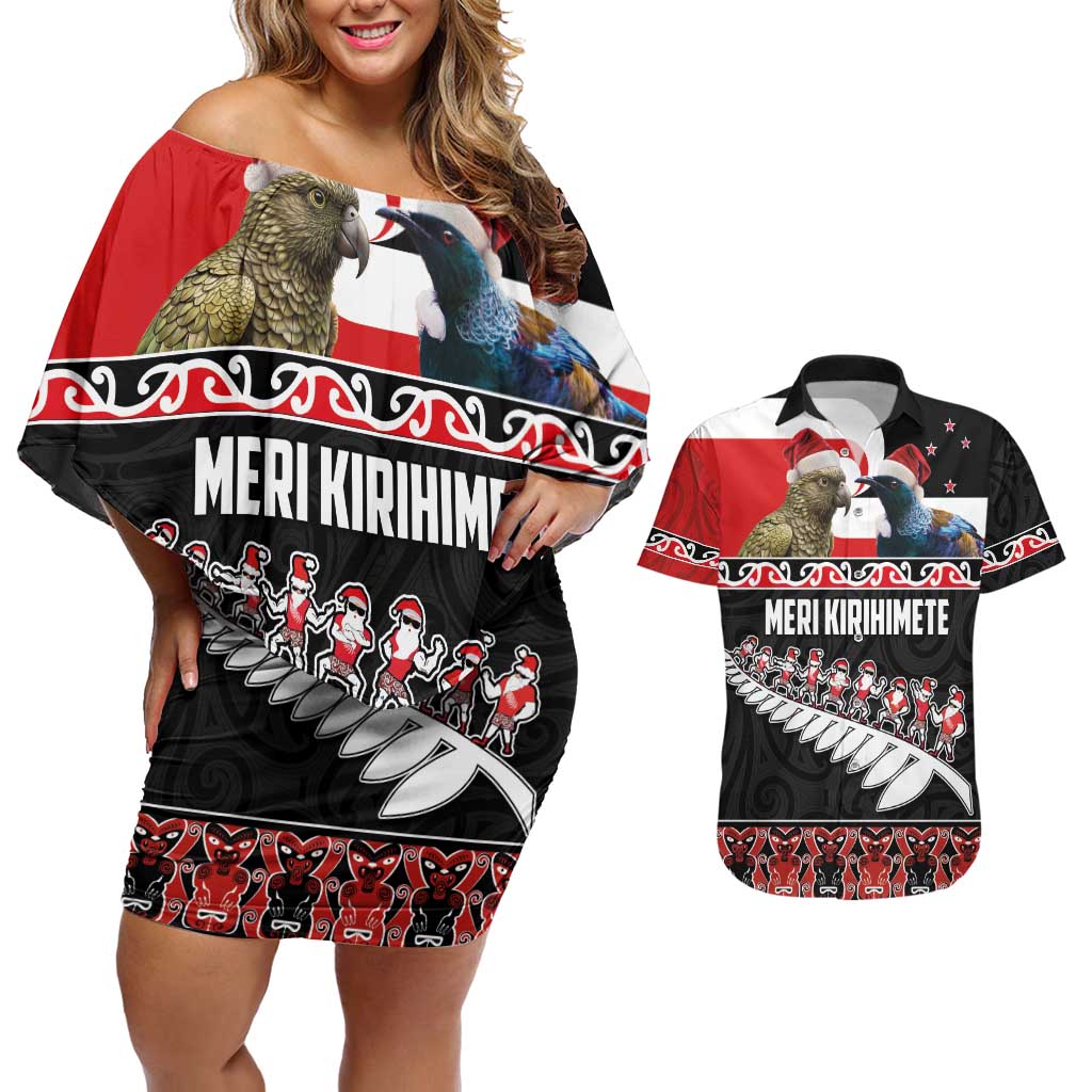 New Zealand Meri Kirihimete Couples Matching Off Shoulder Short Dress and Hawaiian Shirt Christmas Tui Bird and Kea Bird - Haka Santa with Maori Koru Art Pattern LT03 Black - Polynesian Pride