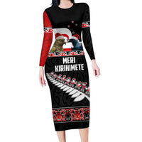New Zealand Meri Kirihimete Family Matching Long Sleeve Bodycon Dress and Hawaiian Shirt Christmas Tui Bird and Kea Bird - Haka Santa with Maori Koru Art Pattern LT03 Mom's Dress Black - Polynesian Pride