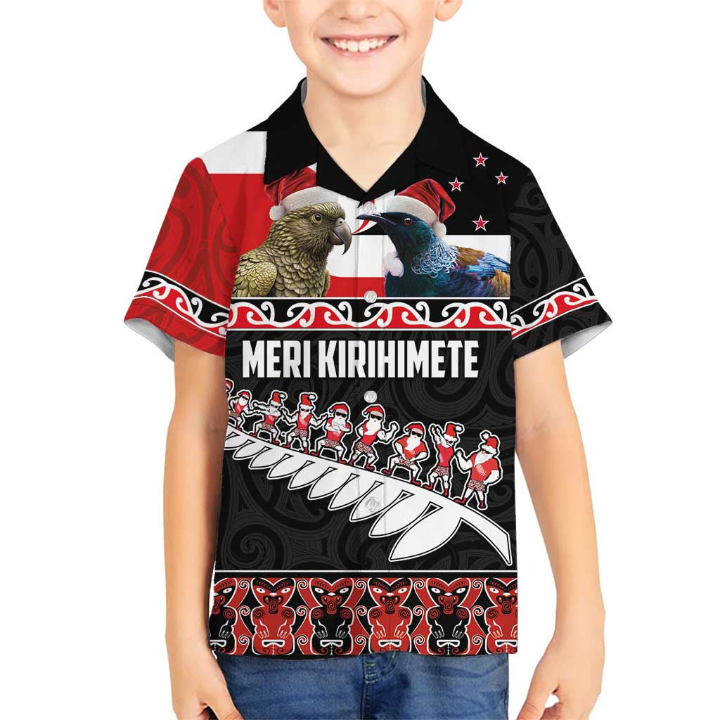 New Zealand Meri Kirihimete Family Matching Long Sleeve Bodycon Dress and Hawaiian Shirt Christmas Tui Bird and Kea Bird - Haka Santa with Maori Koru Art Pattern LT03 Son's Shirt Black - Polynesian Pride