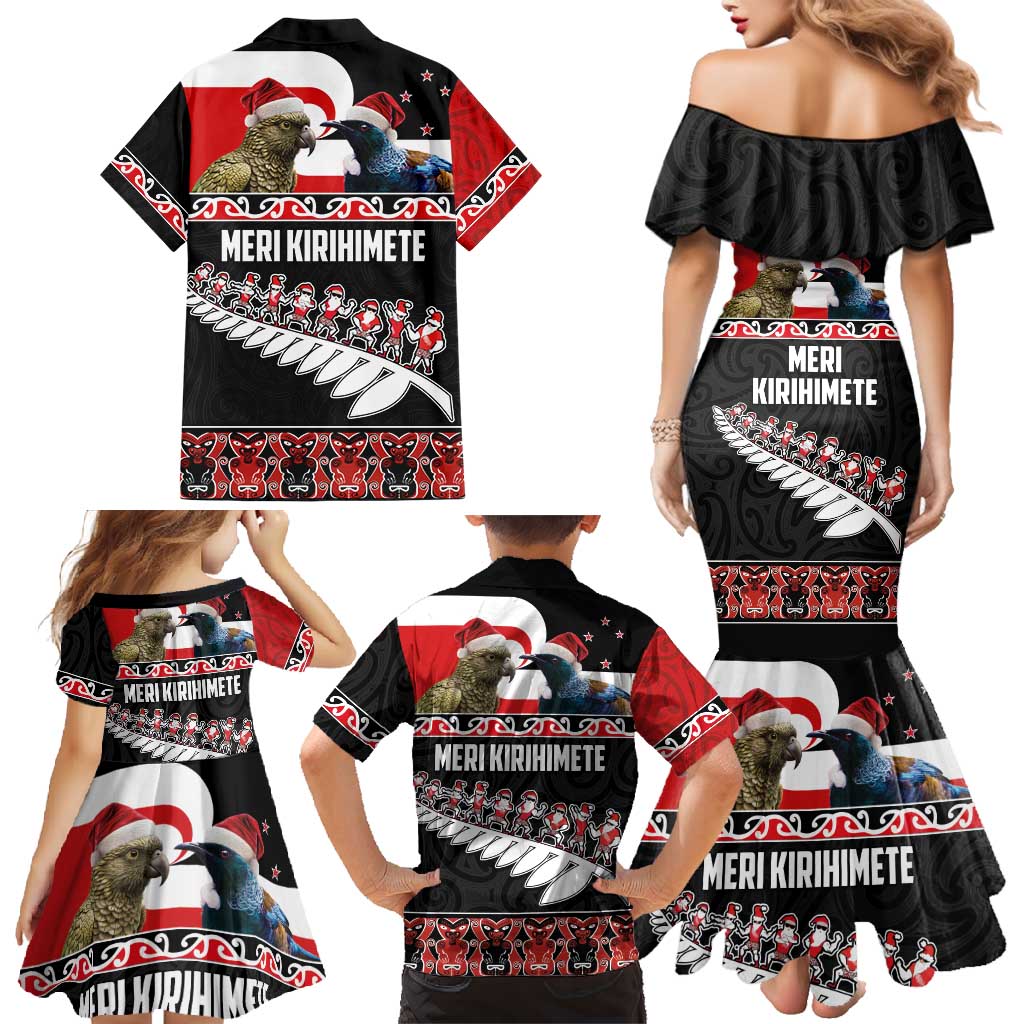 New Zealand Meri Kirihimete Family Matching Mermaid Dress and Hawaiian Shirt Christmas Tui Bird and Kea Bird - Haka Santa with Maori Koru Art Pattern LT03 - Polynesian Pride