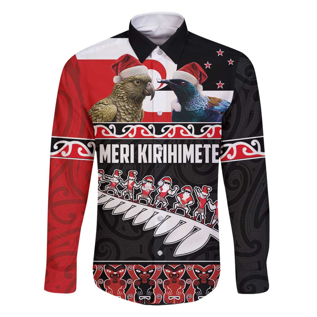 New Zealand Meri Kirihimete Family Matching Mermaid Dress and Hawaiian Shirt Christmas Tui Bird and Kea Bird - Haka Santa with Maori Koru Art Pattern LT03 Dad's Shirt - Long Sleeve Black - Polynesian Pride