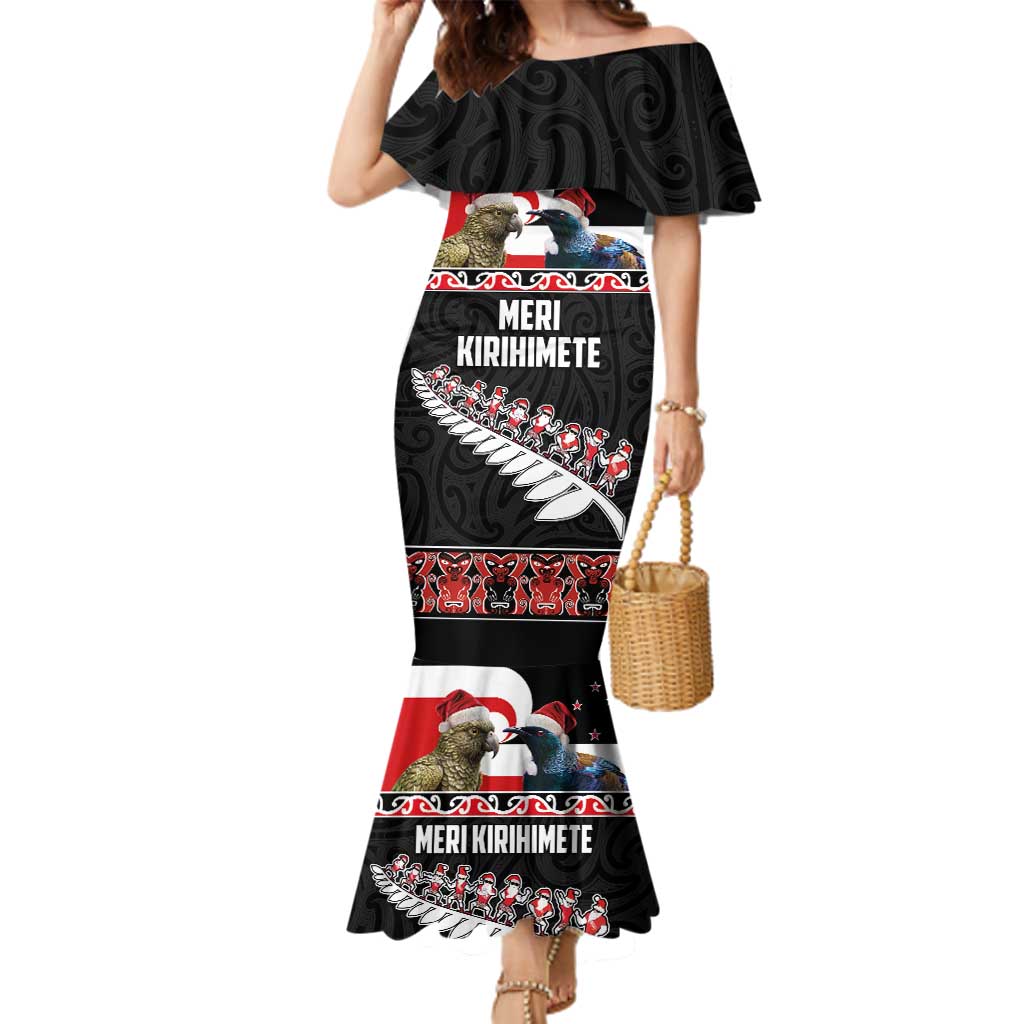 New Zealand Meri Kirihimete Family Matching Mermaid Dress and Hawaiian Shirt Christmas Tui Bird and Kea Bird - Haka Santa with Maori Koru Art Pattern LT03 Mom's Dress Black - Polynesian Pride