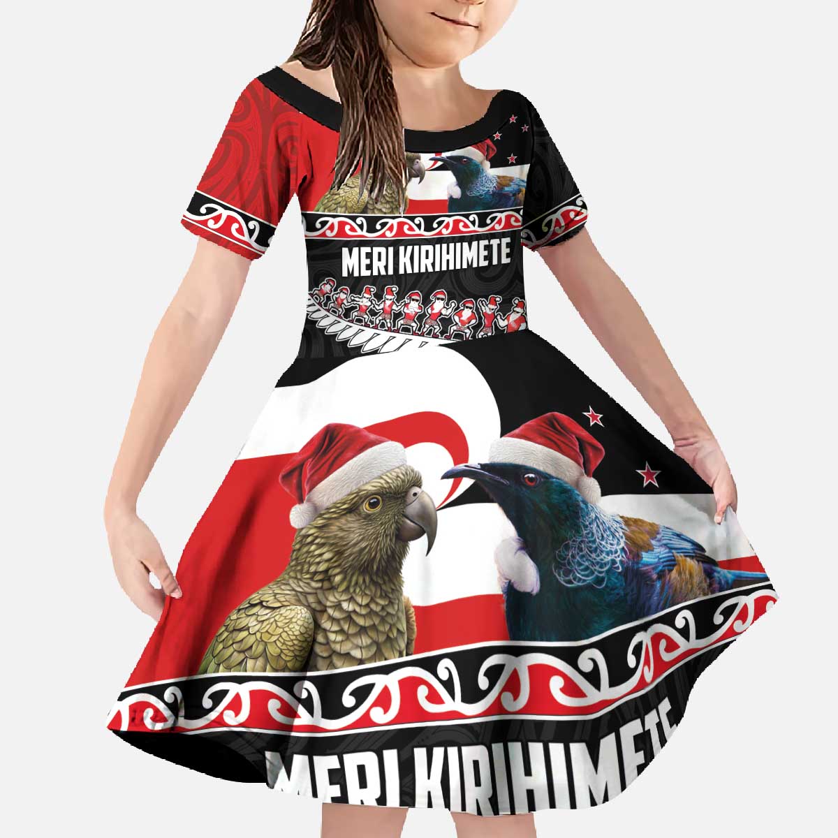 New Zealand Meri Kirihimete Family Matching Off The Shoulder Long Sleeve Dress and Hawaiian Shirt Christmas Tui Bird and Kea Bird - Haka Santa with Maori Koru Art Pattern