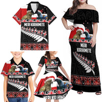New Zealand Meri Kirihimete Family Matching Off Shoulder Maxi Dress and Hawaiian Shirt Christmas Tui Bird and Kea Bird - Haka Santa with Maori Koru Art Pattern LT03 - Polynesian Pride