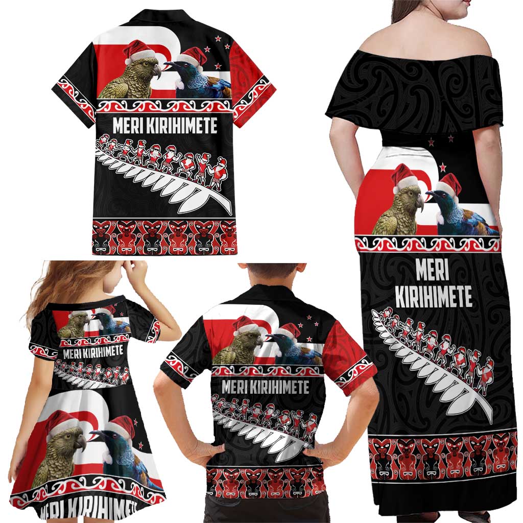 New Zealand Meri Kirihimete Family Matching Off Shoulder Maxi Dress and Hawaiian Shirt Christmas Tui Bird and Kea Bird - Haka Santa with Maori Koru Art Pattern LT03 - Polynesian Pride