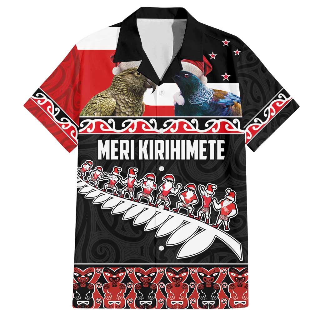 New Zealand Meri Kirihimete Family Matching Off Shoulder Maxi Dress and Hawaiian Shirt Christmas Tui Bird and Kea Bird - Haka Santa with Maori Koru Art Pattern LT03 Dad's Shirt - Short Sleeve Black - Polynesian Pride