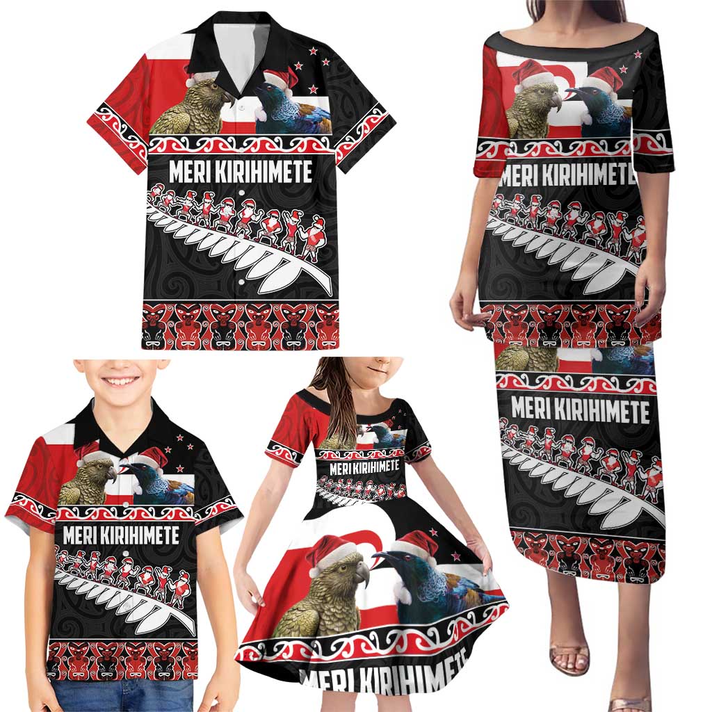 New Zealand Meri Kirihimete Family Matching Puletasi and Hawaiian Shirt Christmas Tui Bird and Kea Bird - Haka Santa with Maori Koru Art Pattern LT03 - Polynesian Pride