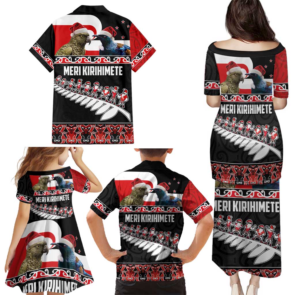 New Zealand Meri Kirihimete Family Matching Puletasi and Hawaiian Shirt Christmas Tui Bird and Kea Bird - Haka Santa with Maori Koru Art Pattern LT03 - Polynesian Pride