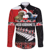 New Zealand Meri Kirihimete Family Matching Puletasi and Hawaiian Shirt Christmas Tui Bird and Kea Bird - Haka Santa with Maori Koru Art Pattern LT03 Dad's Shirt - Long Sleeve Black - Polynesian Pride