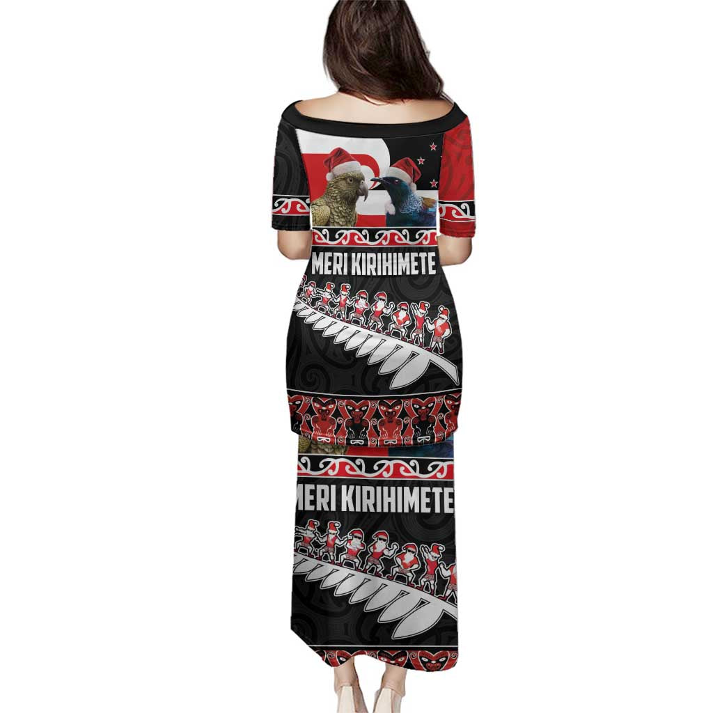 New Zealand Meri Kirihimete Family Matching Puletasi and Hawaiian Shirt Christmas Tui Bird and Kea Bird - Haka Santa with Maori Koru Art Pattern LT03 - Polynesian Pride