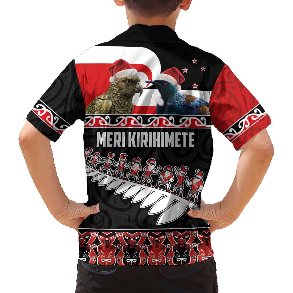 New Zealand Meri Kirihimete Family Matching Short Sleeve Bodycon Dress and Hawaiian Shirt Christmas Tui Bird and Kea Bird - Haka Santa with Maori Koru Art Pattern LT03 - Polynesian Pride