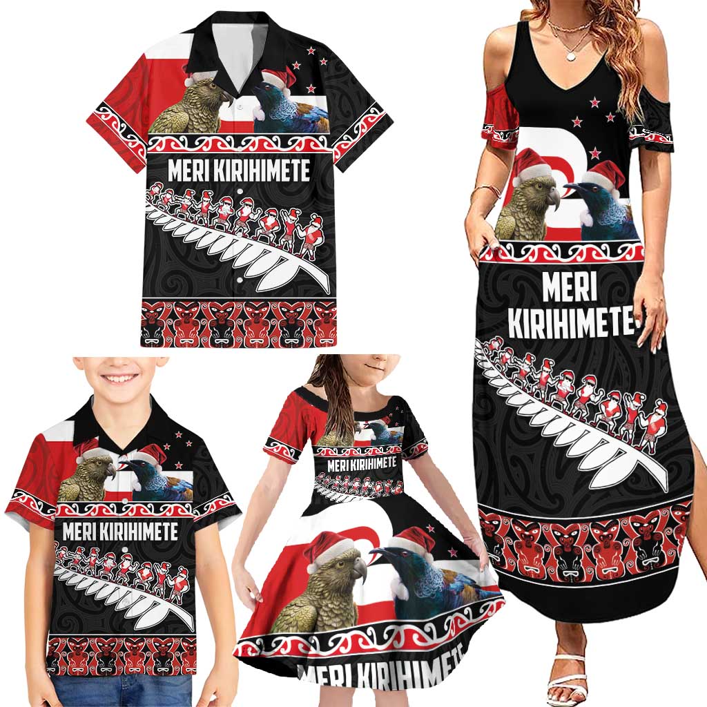 New Zealand Meri Kirihimete Family Matching Summer Maxi Dress and Hawaiian Shirt Christmas Tui Bird and Kea Bird - Haka Santa with Maori Koru Art Pattern LT03 - Polynesian Pride