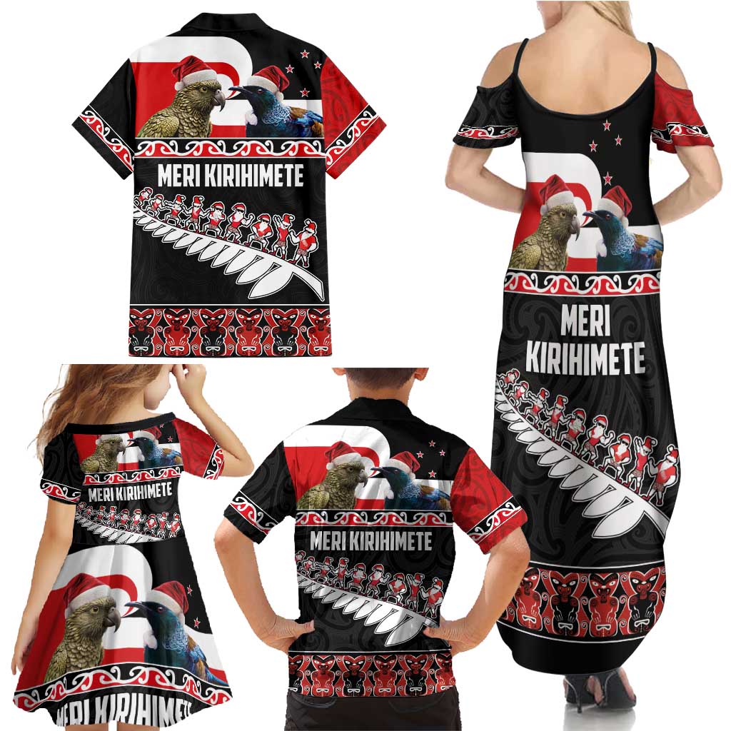 New Zealand Meri Kirihimete Family Matching Summer Maxi Dress and Hawaiian Shirt Christmas Tui Bird and Kea Bird - Haka Santa with Maori Koru Art Pattern LT03 - Polynesian Pride