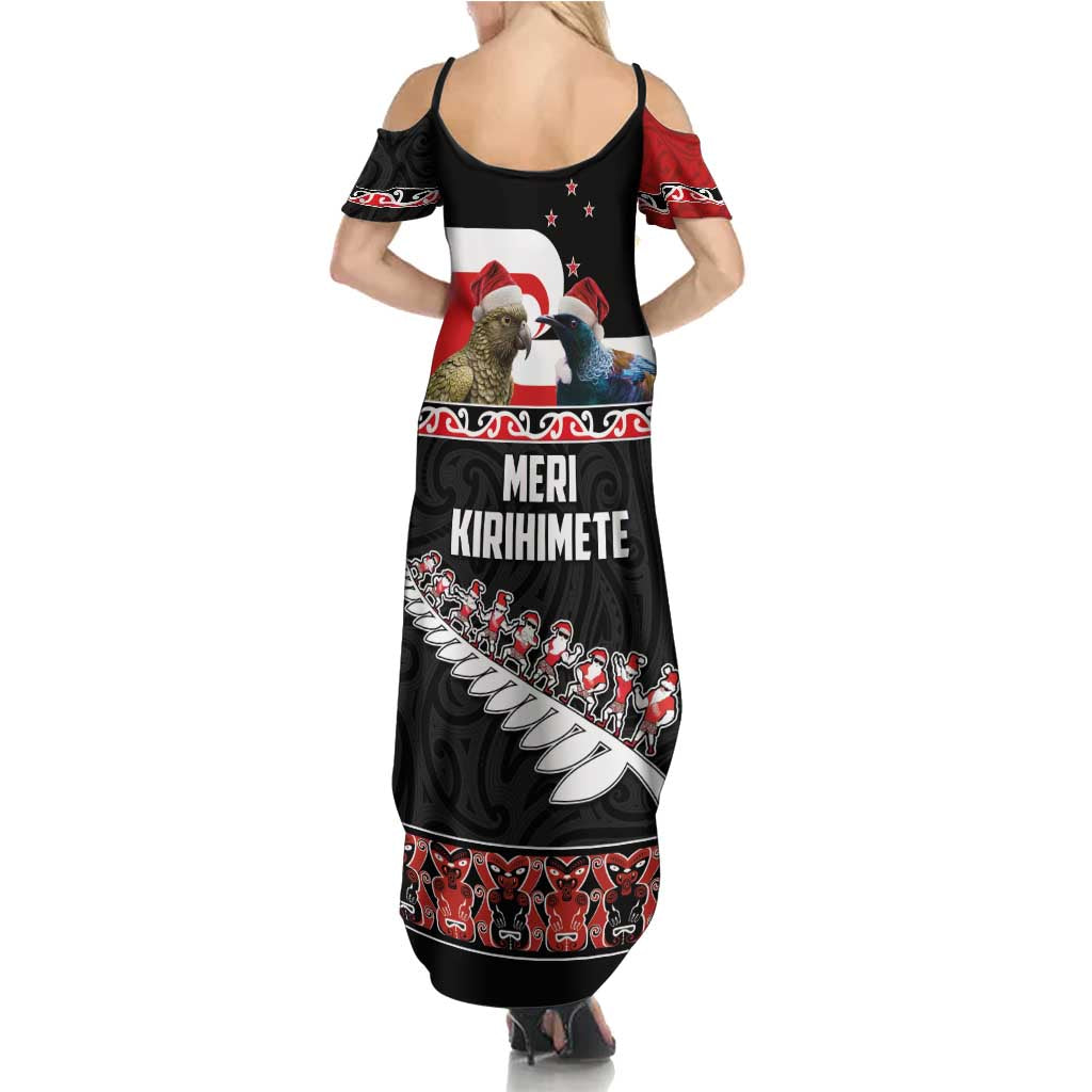 New Zealand Meri Kirihimete Family Matching Summer Maxi Dress and Hawaiian Shirt Christmas Tui Bird and Kea Bird - Haka Santa with Maori Koru Art Pattern LT03 - Polynesian Pride