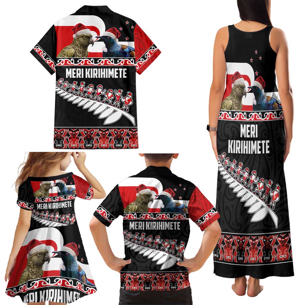 New Zealand Meri Kirihimete Family Matching Tank Maxi Dress and Hawaiian Shirt Christmas Tui Bird and Kea Bird - Haka Santa with Maori Koru Art Pattern LT03 - Polynesian Pride