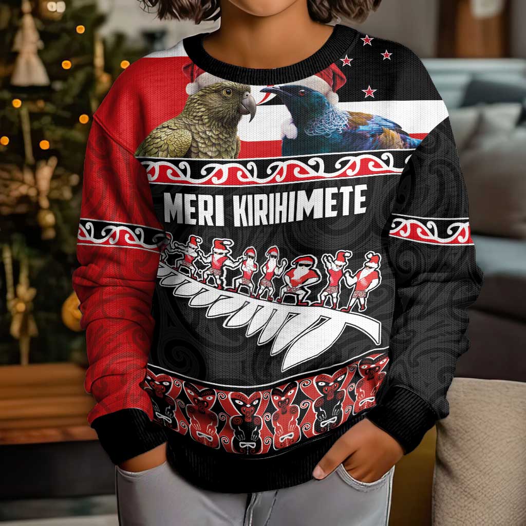 New Zealand Meri Kirihimete Kid Ugly Christmas Sweater Christmas Tui Bird and Kea Bird - Haka Santa with Maori Koru Art Pattern LT03 - Polynesian Pride