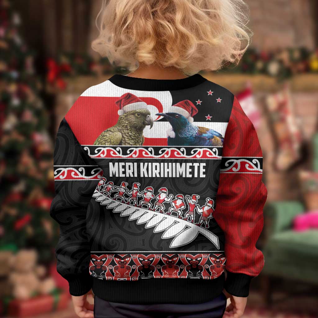New Zealand Meri Kirihimete Kid Ugly Christmas Sweater Christmas Tui Bird and Kea Bird - Haka Santa with Maori Koru Art Pattern LT03 - Polynesian Pride