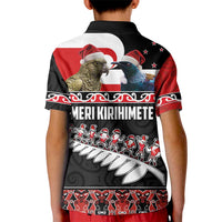 New Zealand Meri Kirihimete Kid Polo Shirt Christmas Tui Bird and Kea Bird - Haka Santa with Maori Koru Art Pattern LT03 - Polynesian Pride