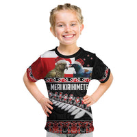 New Zealand Meri Kirihimete Kid T Shirt Christmas Tui Bird and Kea Bird - Haka Santa with Maori Koru Art Pattern LT03 Black - Polynesian Pride
