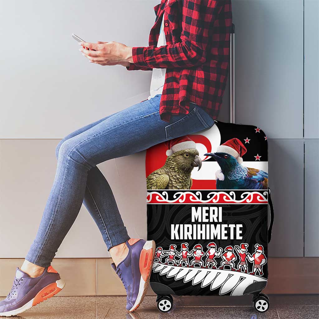 New Zealand Meri Kirihimete Luggage Cover Christmas Tui Bird and Kea Bird - Haka Santa with Maori Koru Art Pattern